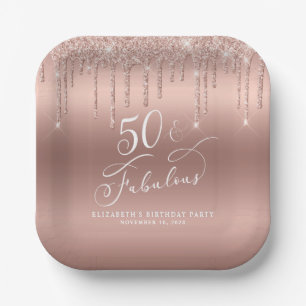 Elegant Rose Gold Glitter 50th Birthday Party Paper Plates