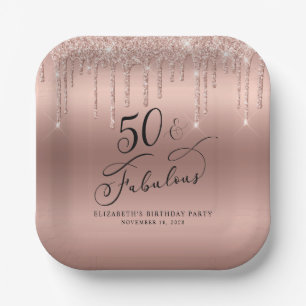 Elegant Rose Gold Glitter 50th Birthday Party Paper Plates