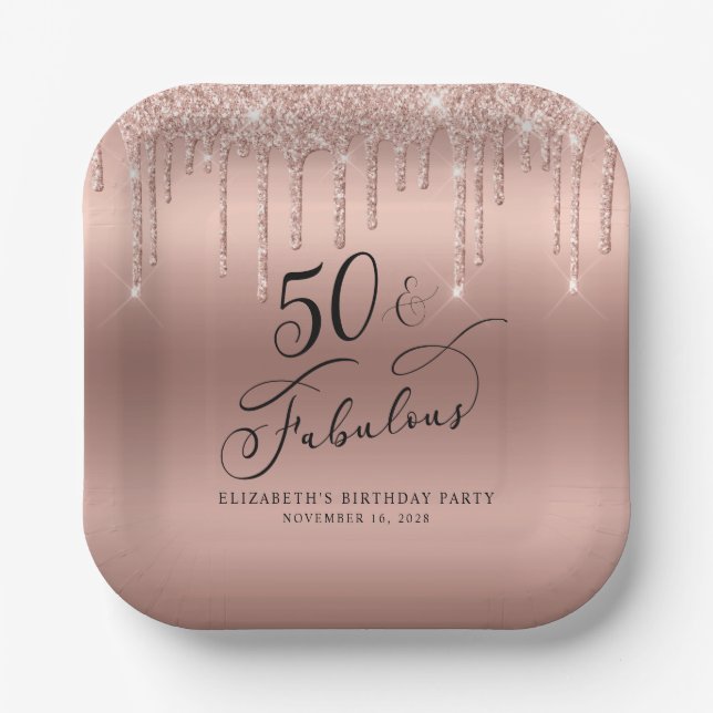 Elegant Rose Gold Glitter 50th Birthday Party Paper Plates (Front)