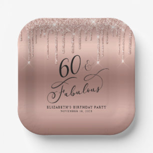 Elegant Rose Gold Glitter 60th Birthday Party Paper Plates
