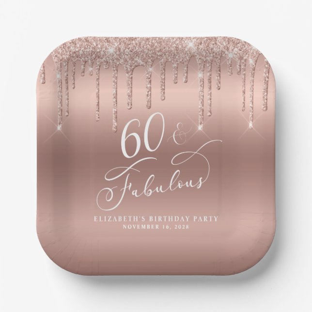 Elegant Rose Gold Glitter 60th Birthday Party Paper Plates (Front)