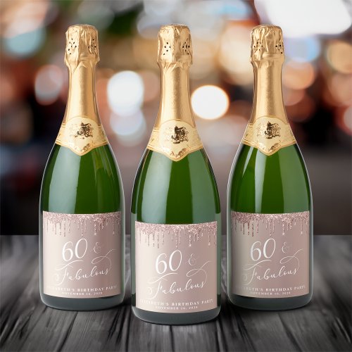 Elegant Rose Gold Glitter 60th Birthday Party Sparkling Wine Label
