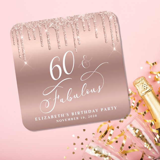 Elegant Rose Gold Glitter 60th Birthday Party Square Paper Coaster (Creator Uploaded)