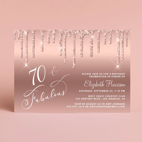 Elegant Rose Gold Glitter 70th Birthday Party Invitation