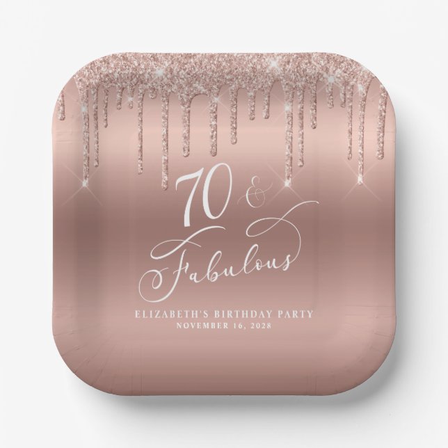Elegant Rose Gold Glitter 70th Birthday Party Paper Plates (Front)
