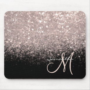 Elegant Rose Gold Glitter and Black Monogrammed Mouse Pad