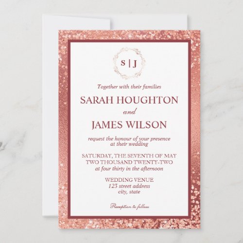 Elegant Rose Gold Glitter and Burgundy Wedding Invitation