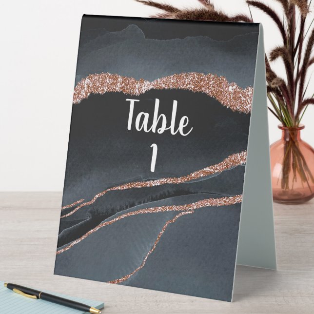 Elegant Rose Gold Glitter and Gray Agate  Table Tent (In SItu (Table))