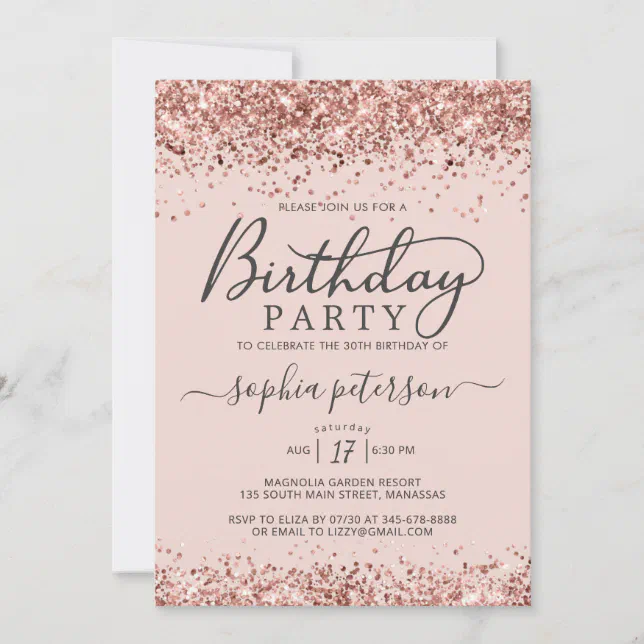 Elegant Rose Gold Glitter Any Age Blush Birthday Invitation | Zazzle