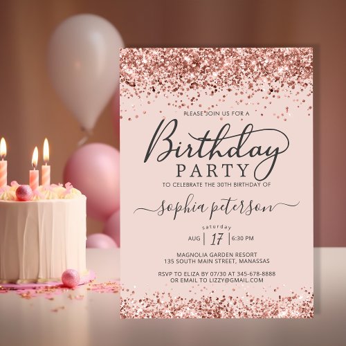 Elegant Rose Gold Glitter Any Age Blush Birthday Invitation