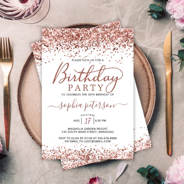 Elegant Rose Gold Glitter Any Age White Birthday Invitation (Creator Uploaded)