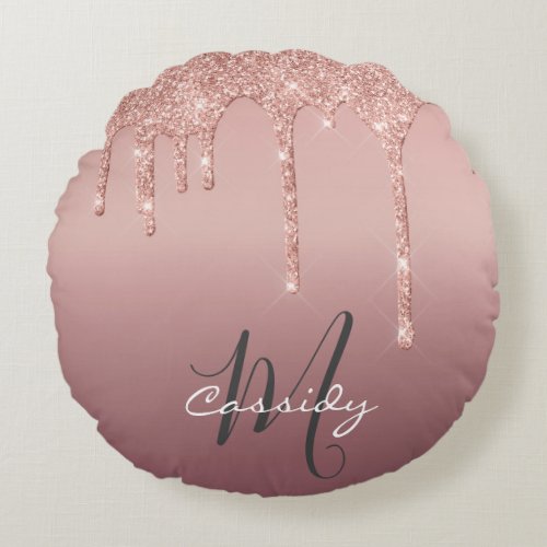 Elegant rose gold glitter baby monogram round pillow