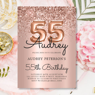 Elegant Rose Gold Glitter Balloon 55th Birthday Invitation