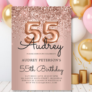 Elegant Rose Gold Glitter Balloon 55th Birthday Invitation