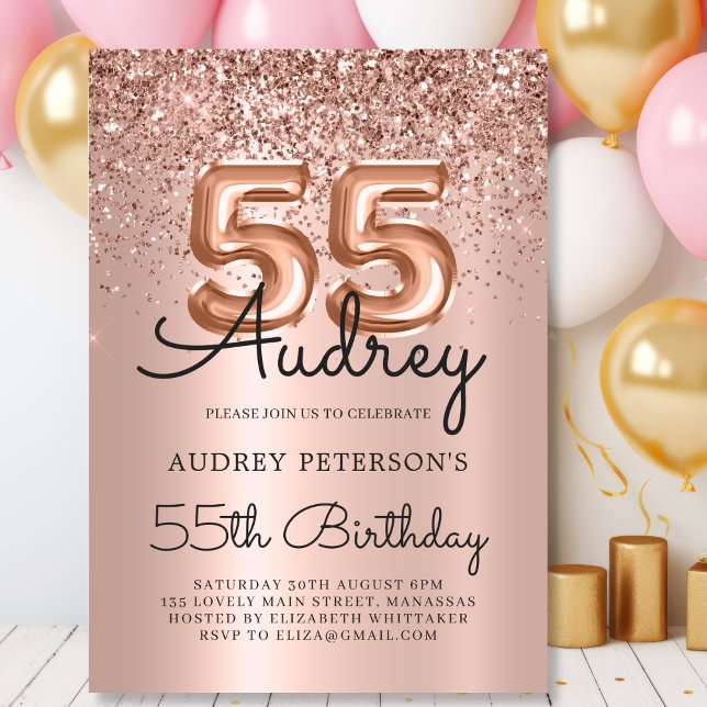 Elegant Rose Gold Glitter Balloon 55th Birthday  Invitation (Creator Uploaded)