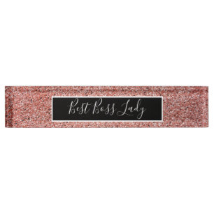 Elegant Rose Gold Glitter Best Boss Lady Desk Name Plate