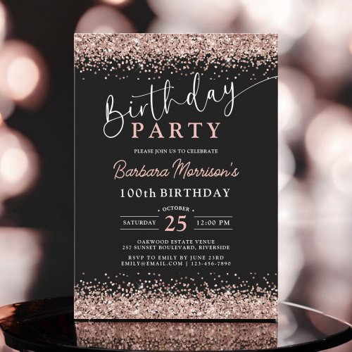 Elegant Rose Gold Glitter Black 100th Birthday