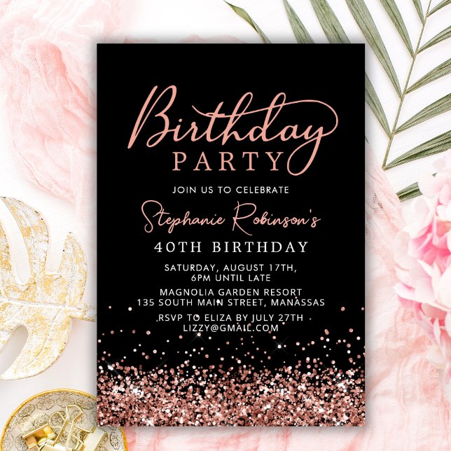 Elegant Rose Gold Glitter Black 40th Birthday Invitation (Creator Uploaded)