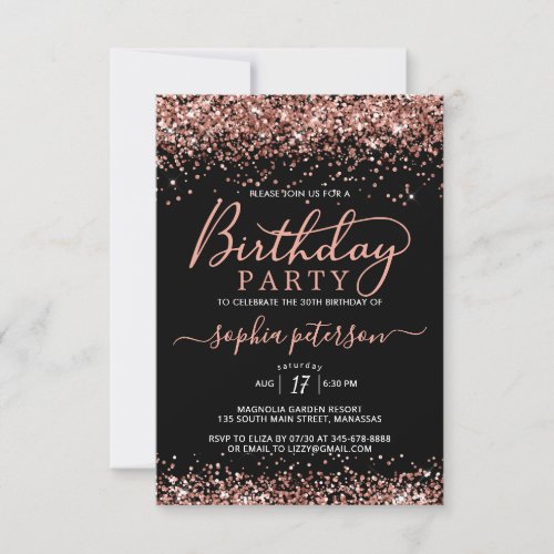 Elegant Rose Gold Glitter Black Any Age Birthday Invitation