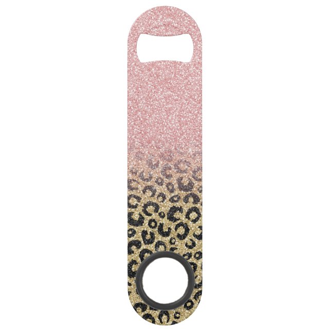 Elegant Rose Gold Glitter Black Leopard Print Bar Key (Front)