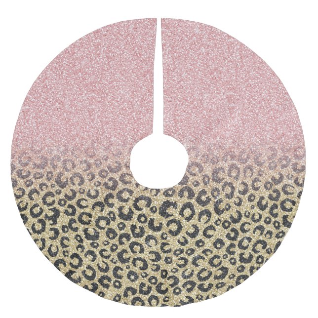 Elegant Rose Gold Glitter Black Leopard Print Brushed Polyester Tree Skirt (Front)