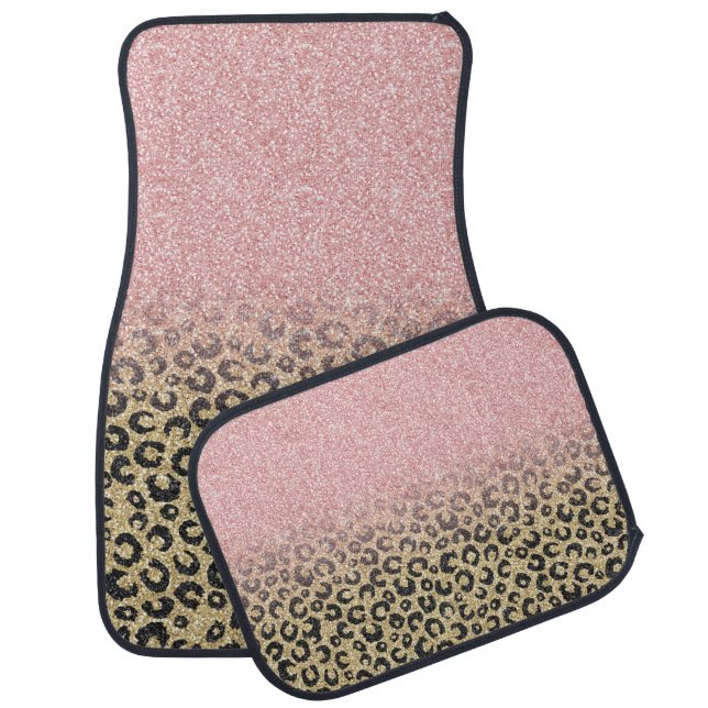 Elegant Rose Gold Glitter Black Leopard Print Car Floor Mat (Set)