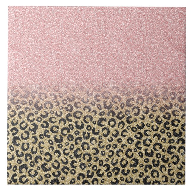 Elegant Rose Gold Glitter Black Leopard Print Ceramic Tile (Front)