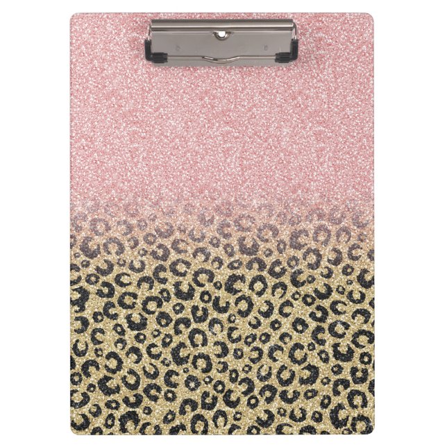 Elegant Rose Gold Glitter Black Leopard Print Clipboard (Front)