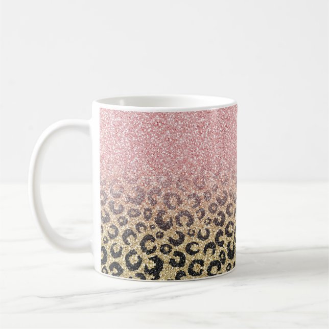 Elegant Rose Gold Glitter Black Leopard Print Coffee Mug (Left)