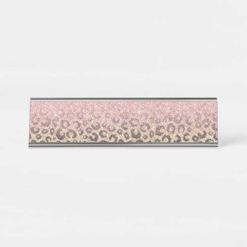 Elegant Rose Gold Glitter Black Leopard Print Desk Name Plate