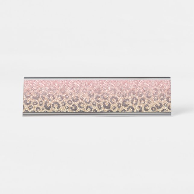 Elegant Rose Gold Glitter Black Leopard Print Desk Name Plate (Front)