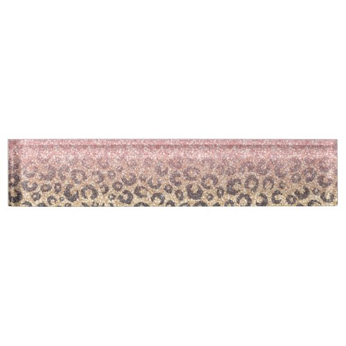 Elegant Rose Gold Glitter Black Leopard Print Desk Name Plate