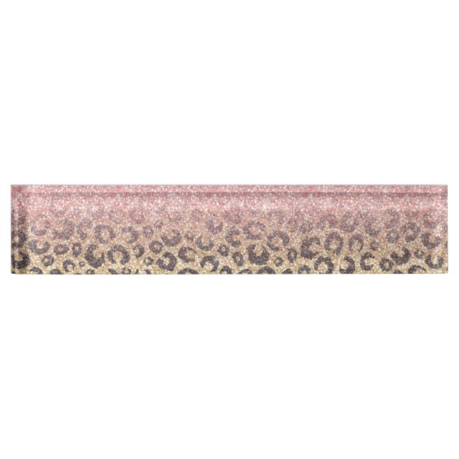 Elegant Rose Gold Glitter Black Leopard Print Desk Name Plate (Front)