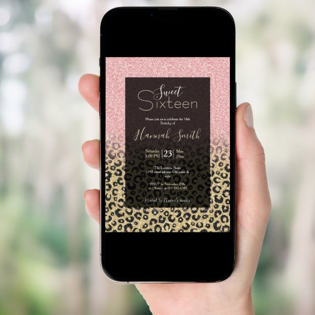 Elegant Rose Gold Glitter Black Leopard Print Invitation (Front Digital)