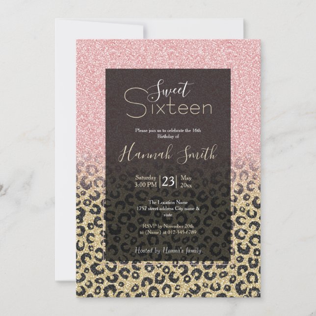 Elegant Rose Gold Glitter Black Leopard Print Invitation (Front)