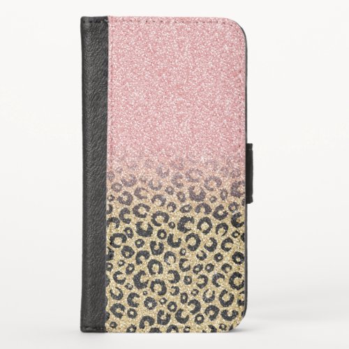 Elegant Rose Gold Glitter Black Leopard Print iPhone XS Wallet Case