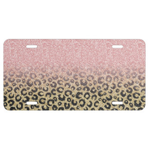 Elegant Rose Gold Glitter Black Leopard Print License Plate