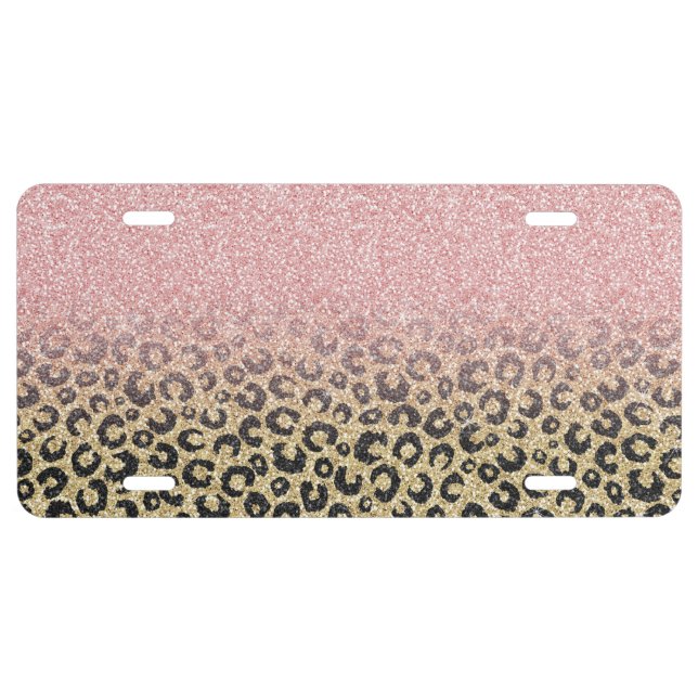 Elegant Rose Gold Glitter Black Leopard Print License Plate (Front)