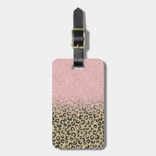 Elegant Rose Gold Glitter Black Leopard Print Luggage Tag