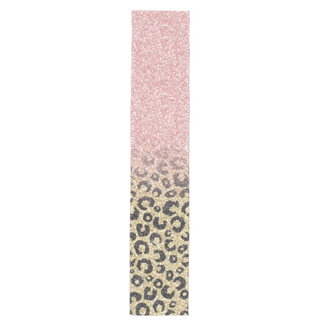 Elegant Rose Gold Glitter Black Leopard Print Medium Table Runner (Front)