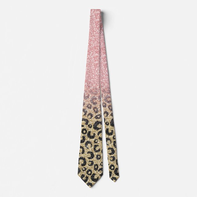 Elegant Rose Gold Glitter Black Leopard Print Neck Tie (Front)