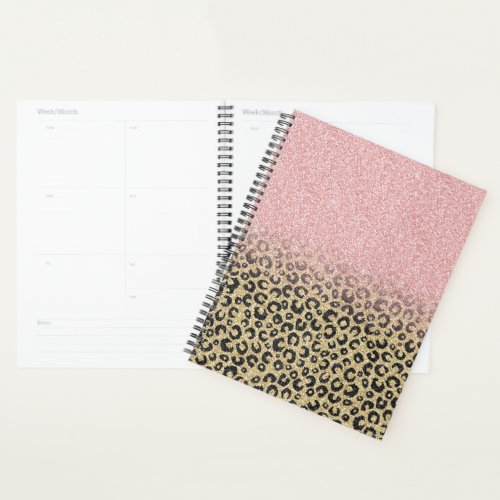 Elegant Rose Gold Glitter Black Leopard Print Planner