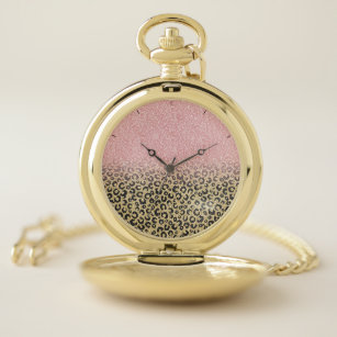 Elegant Rose Gold Glitter Black Leopard Print Pocket Watch