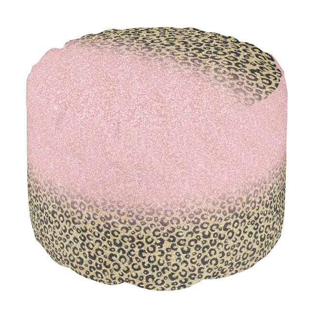 Elegant Rose Gold Glitter Black Leopard Print Pouf (Angled Front)