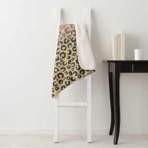 Elegant Rose Gold Glitter Black Leopard Print Sherpa Blanket