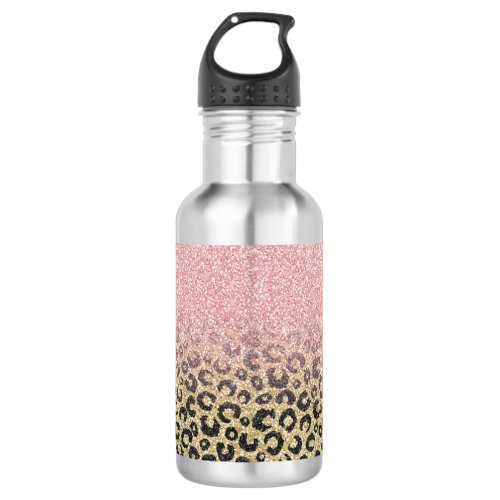 Elegant Rose Gold Glitter Black Leopard Print Stainless Steel Water Bottle