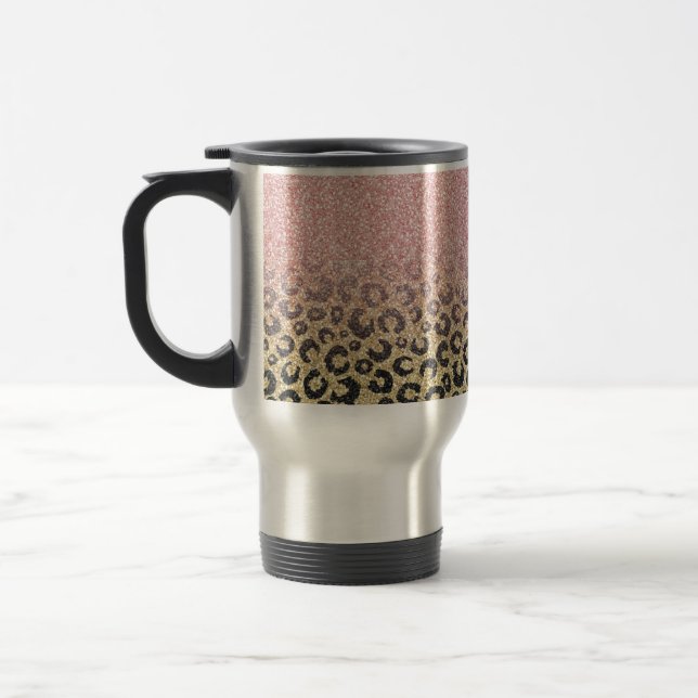 Elegant Rose Gold Glitter Black Leopard Print Travel Mug (Left)