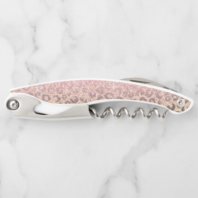 Elegant Rose Gold Glitter Black Leopard Print Waiter's Corkscrew (Front)