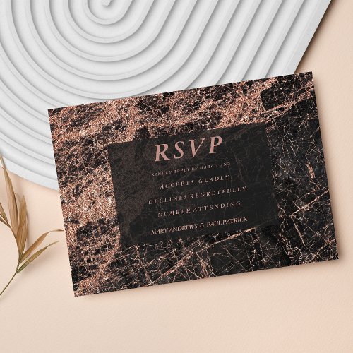 Elegant rose gold glitter black marble RSVP card