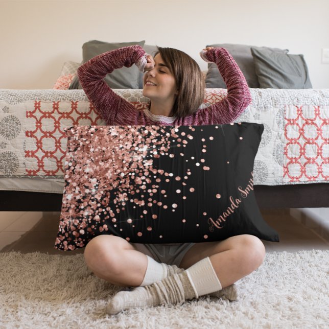 Elegant Rose Gold Glitter Black Text Customizable Throw Pillow (Elegant Rose Gold Glitter Black Text Customizable Throw Pillow)